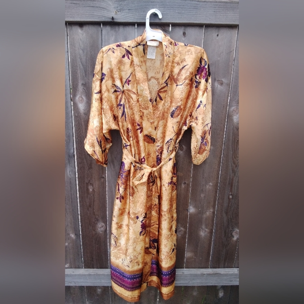 Robe Vintage Silky Kimono Print Gold Purple Small Womens 80s 90s Lounge